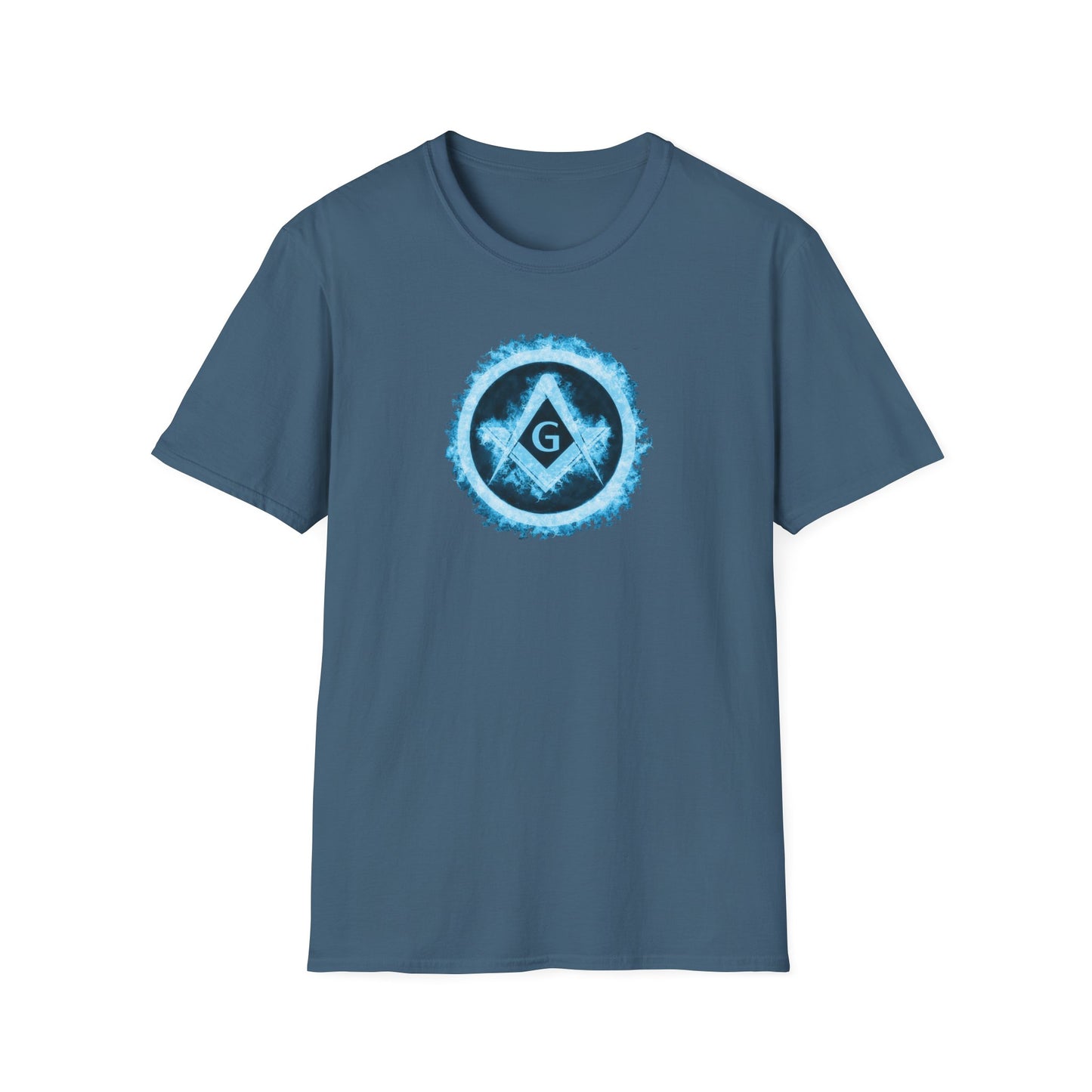 Square and Compass Encircled in Blue Flames Softstyle T-Shirt