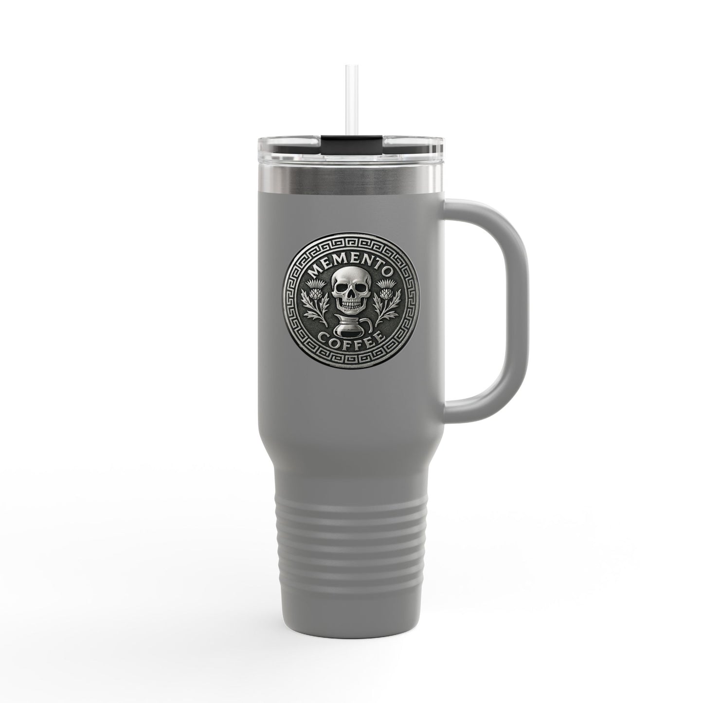 Two-Sided "Memento Coffee" Insulated Travel Tumbler (40oz) - Silver Emblem
