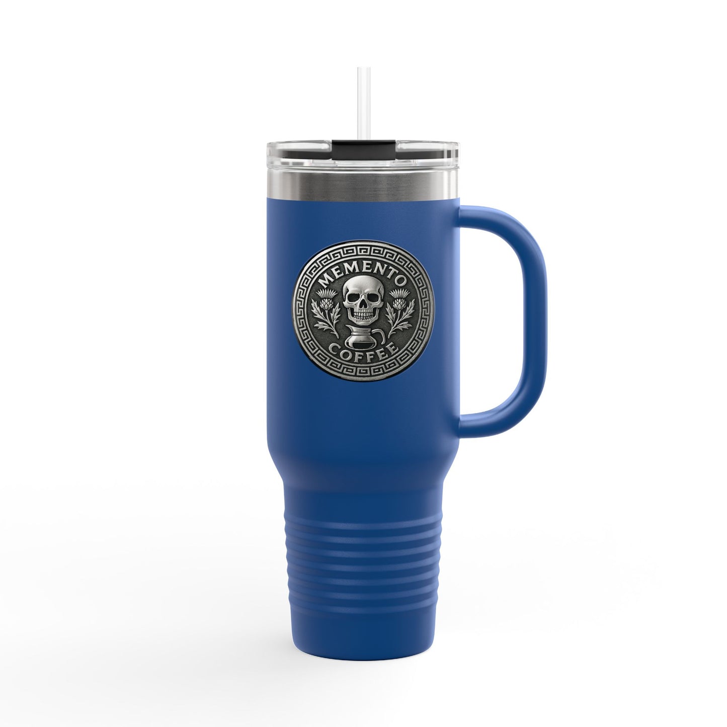 Two-Sided "Memento Coffee" Insulated Travel Tumbler (40oz) - Silver Emblem