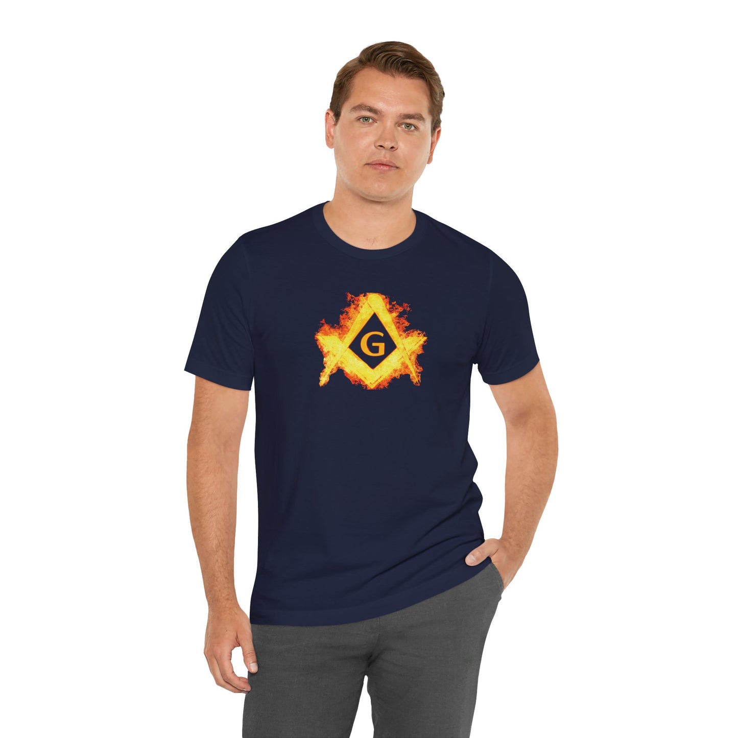 Flaming Square and Compass Short Sleeve T-Shirt - Orange Flames