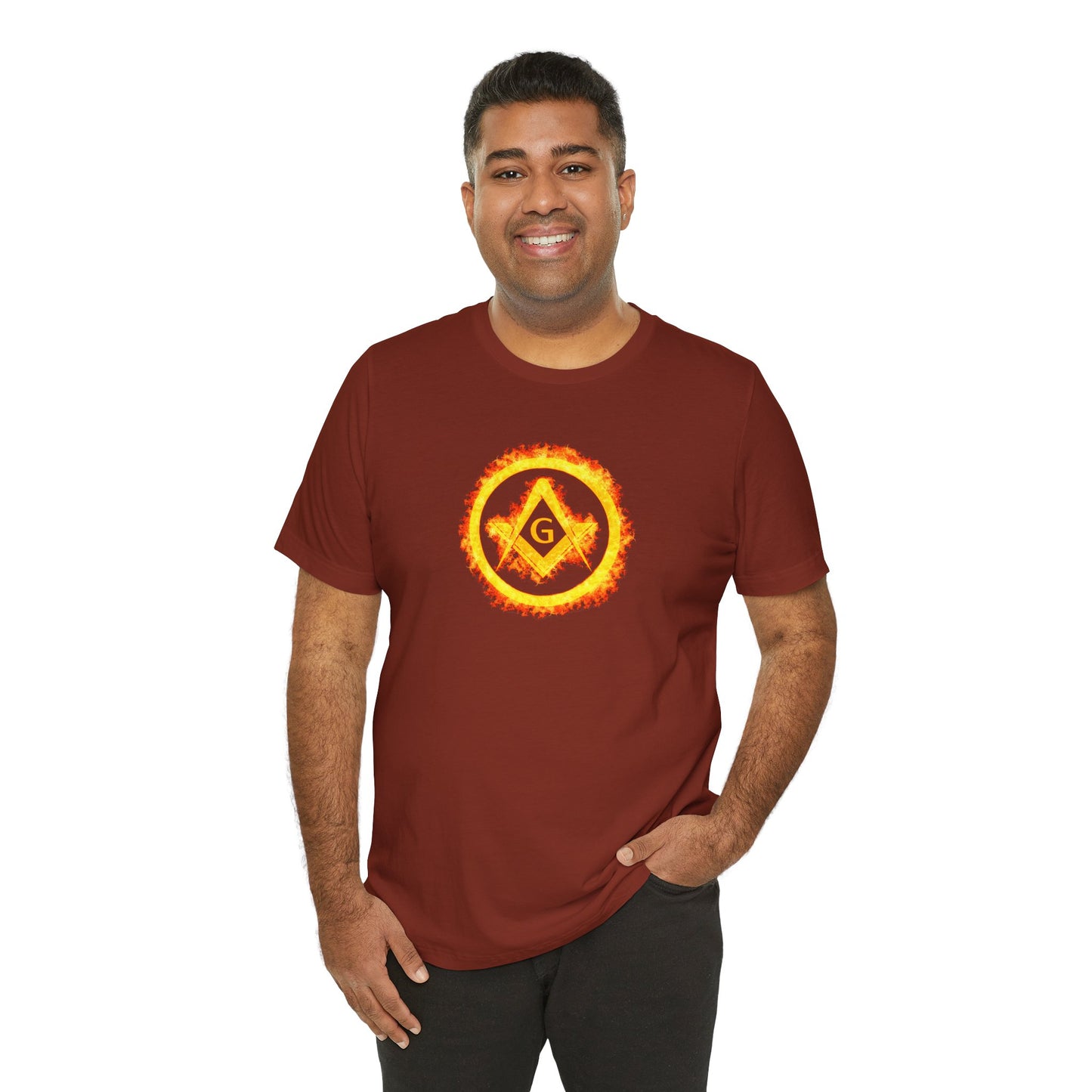 Square and Compass Encircled in Orange Flames Short Sleeve T-Shirt