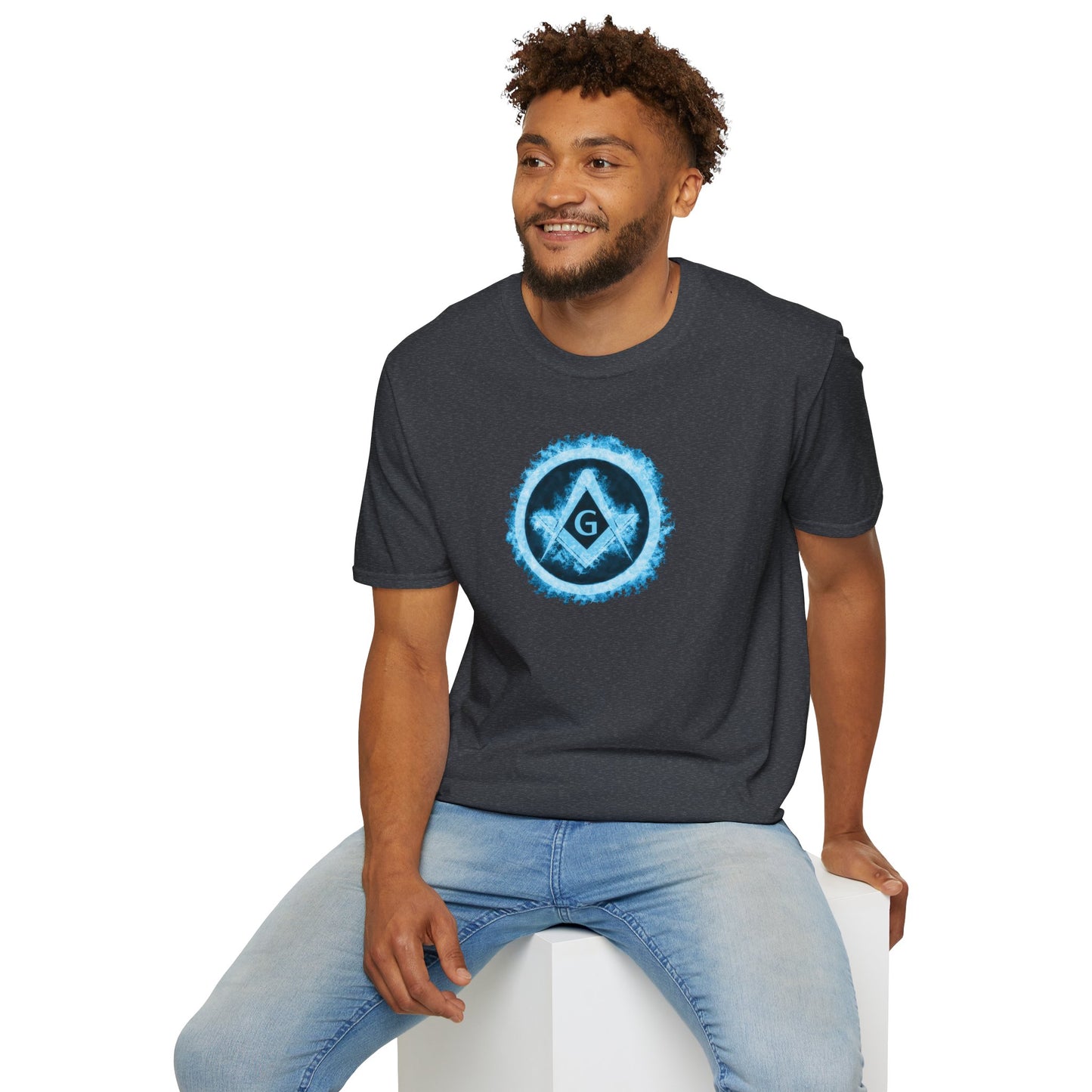 Square and Compass Encircled in Blue Flames Softstyle T-Shirt