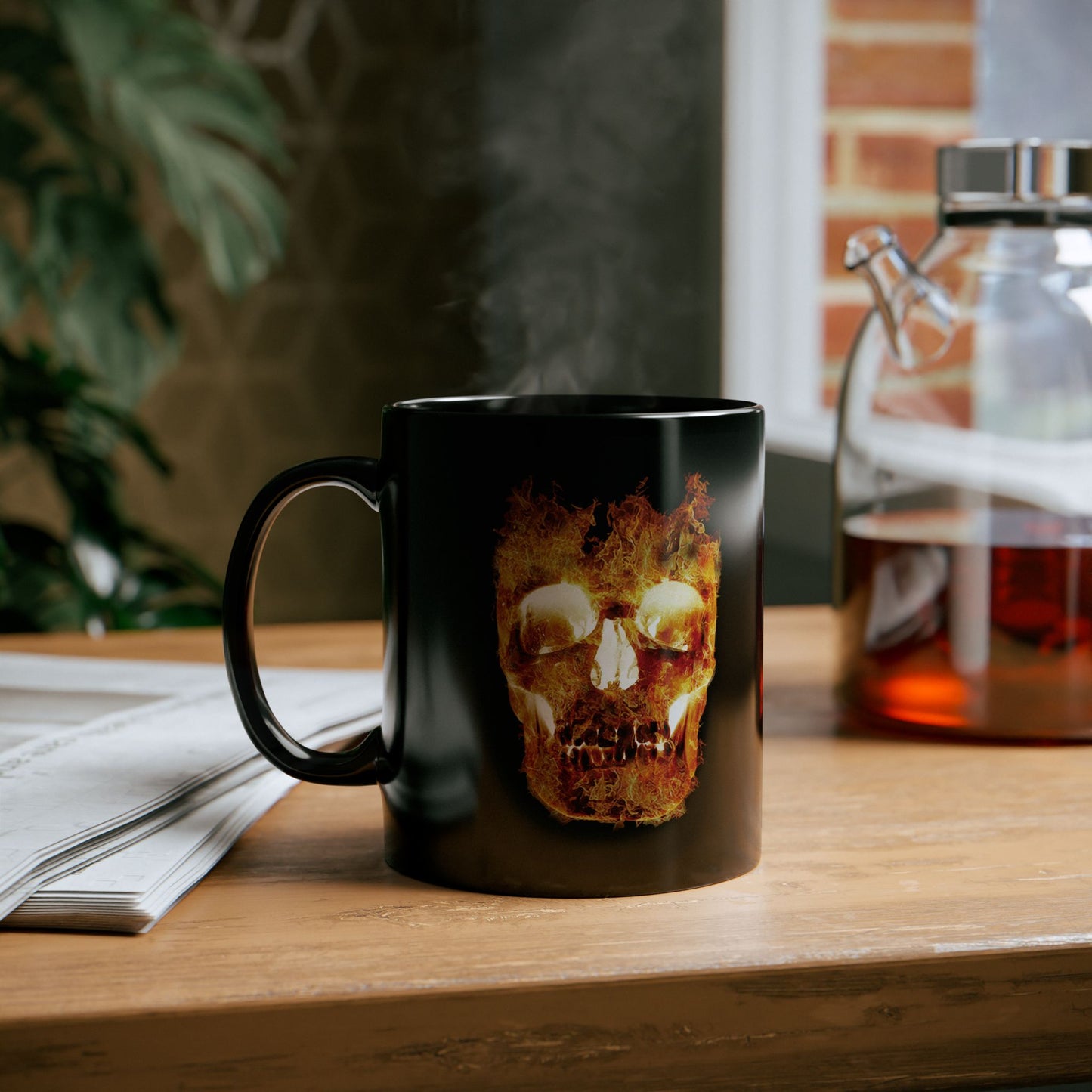 Flaming Skull 2-sided Black Ceramic Coffee Mug (11oz, 15oz)
