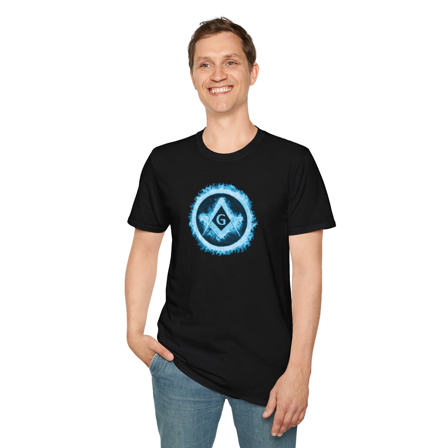 Square and Compass Encircled in Blue Flames Softstyle T-Shirt