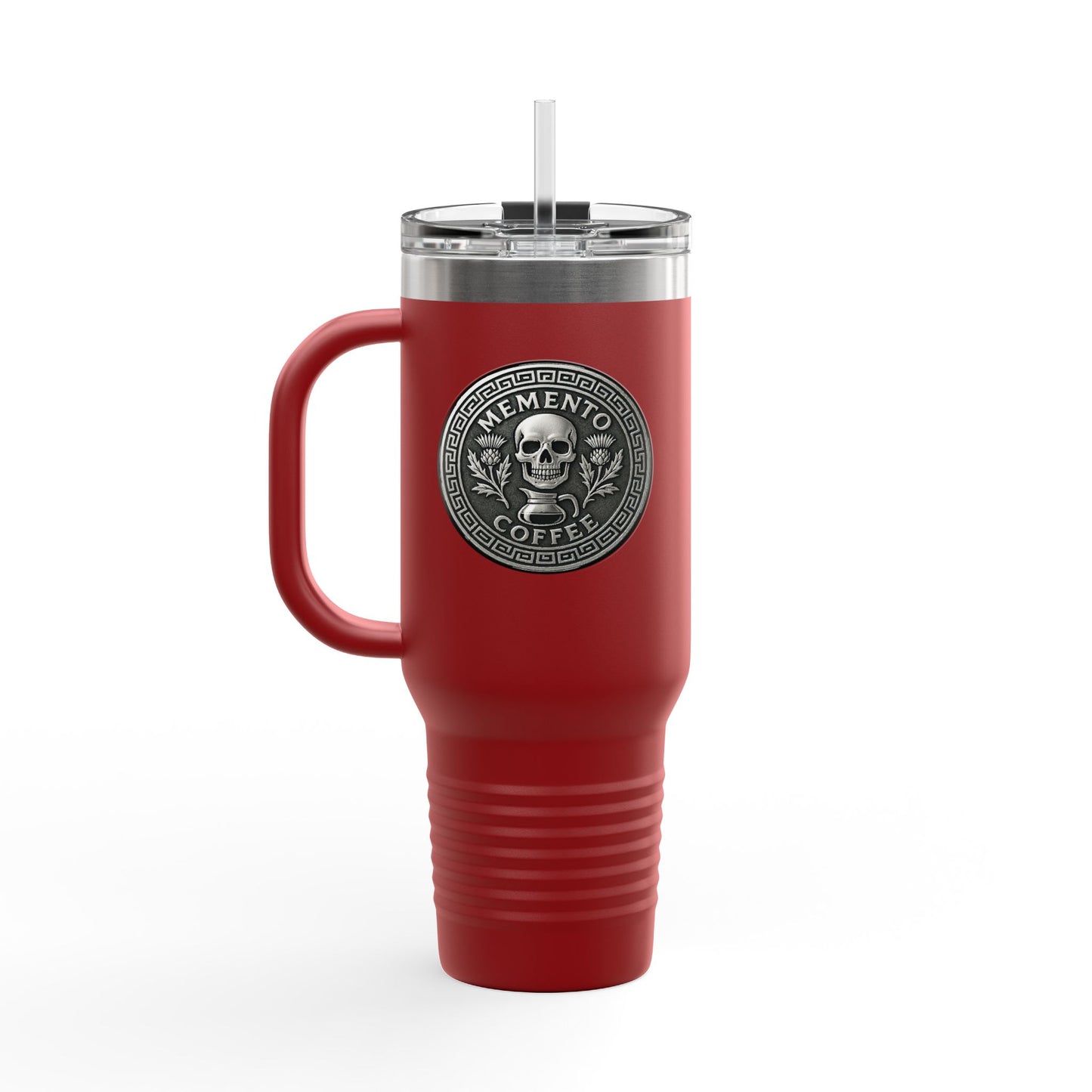 Two-Sided "Memento Coffee" Insulated Travel Tumbler (40oz) - Silver Emblem