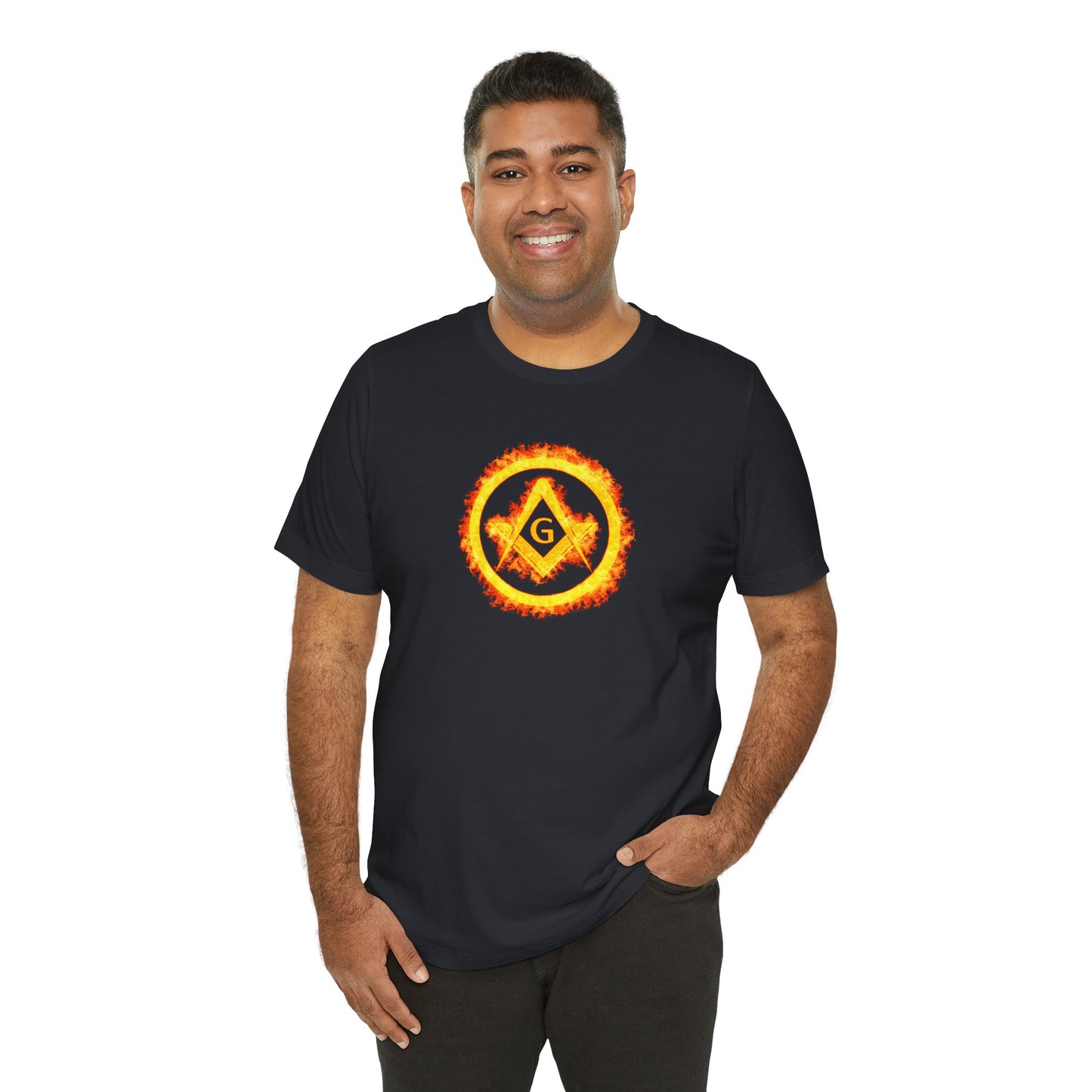 Square and Compass Encircled in Orange Flames Short Sleeve T-Shirt
