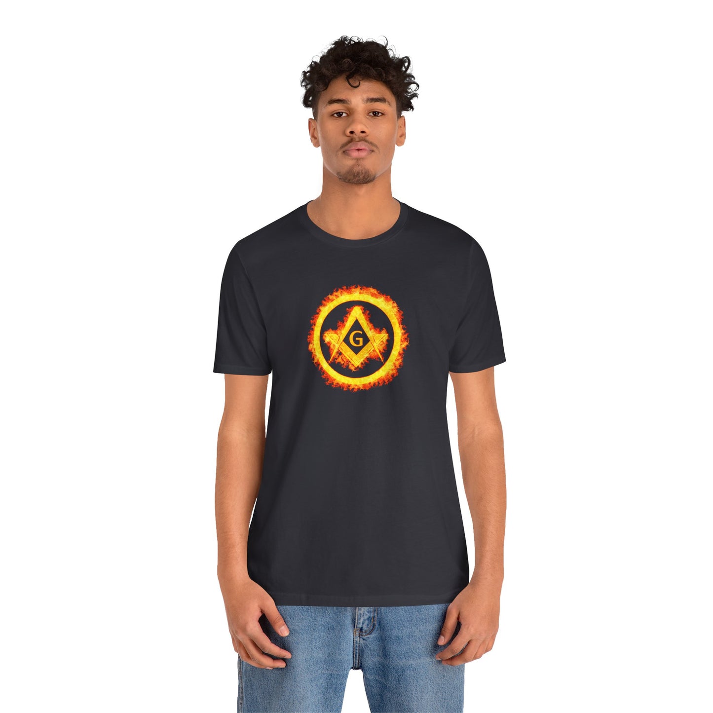 Square and Compass Encircled in Orange Flames Short Sleeve T-Shirt
