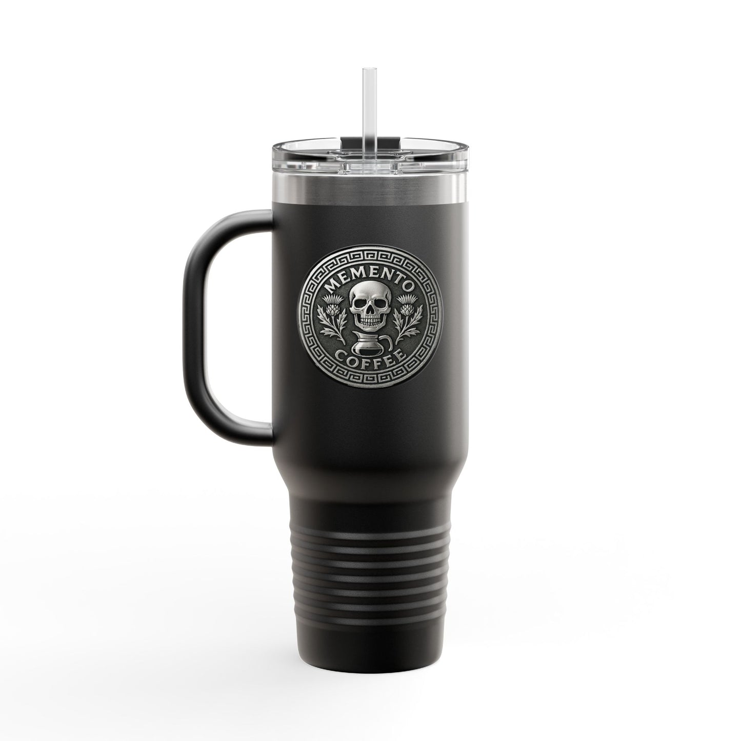 Two-Sided "Memento Coffee" Insulated Travel Tumbler (40oz) - Silver Emblem