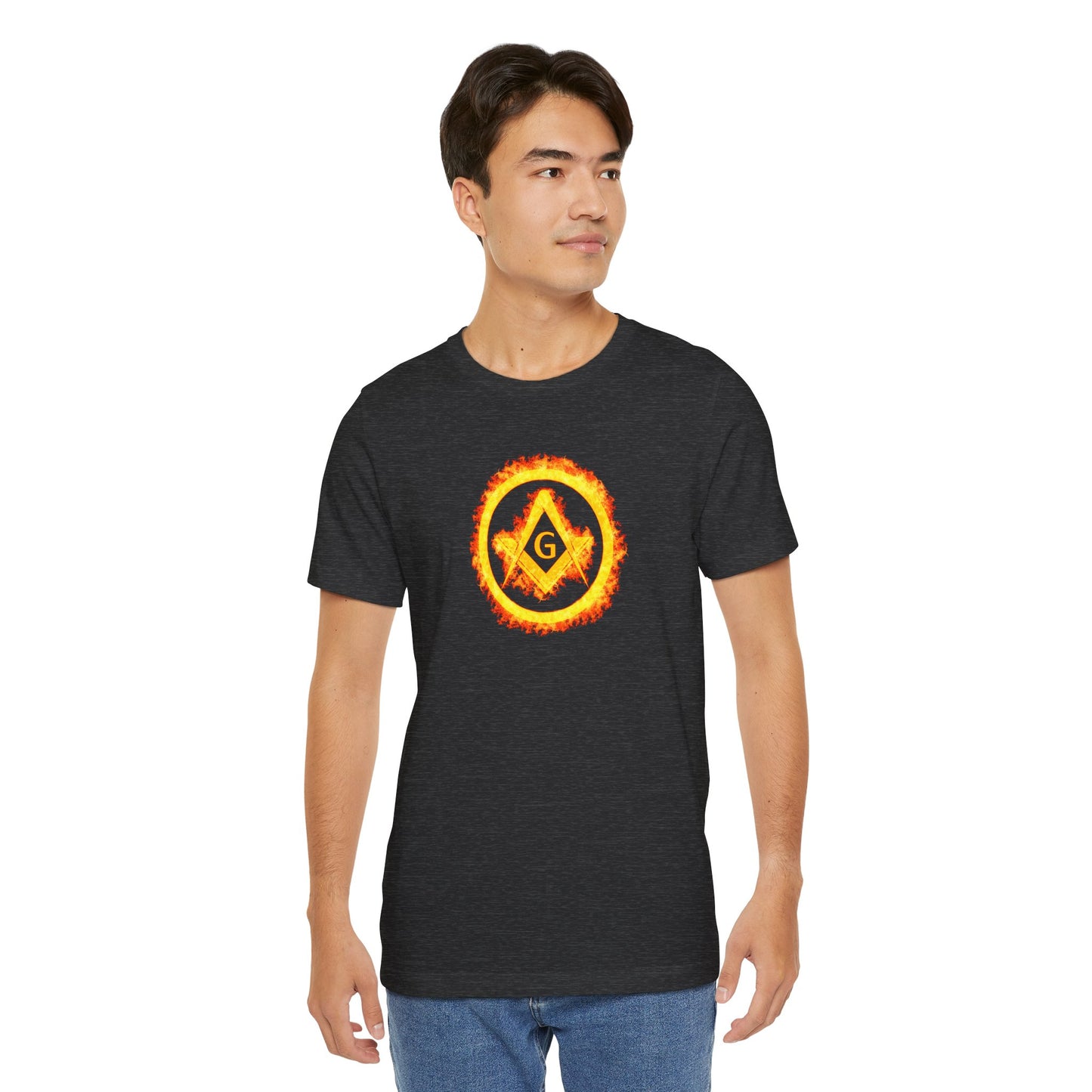 Square and Compass Encircled in Orange Flames Short Sleeve T-Shirt