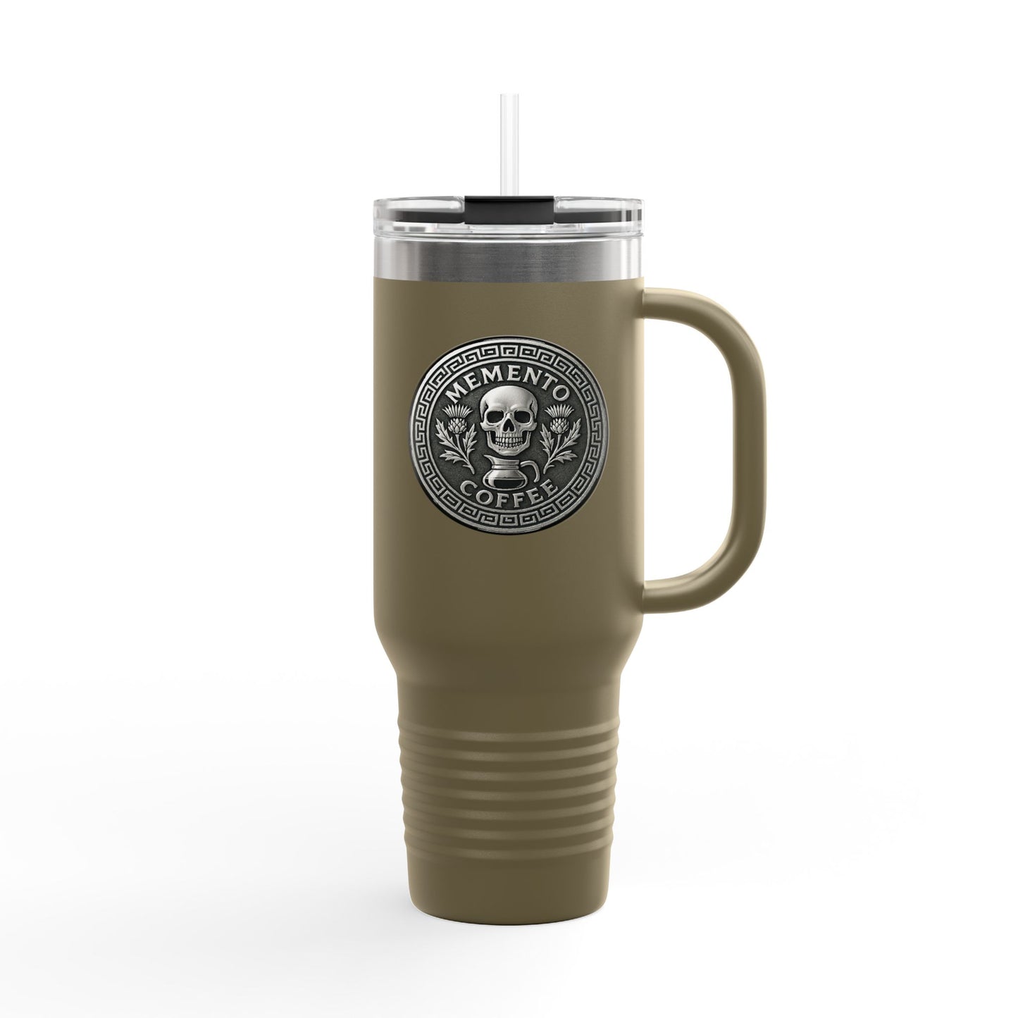 Two-Sided "Memento Coffee" Insulated Travel Tumbler (40oz) - Silver Emblem