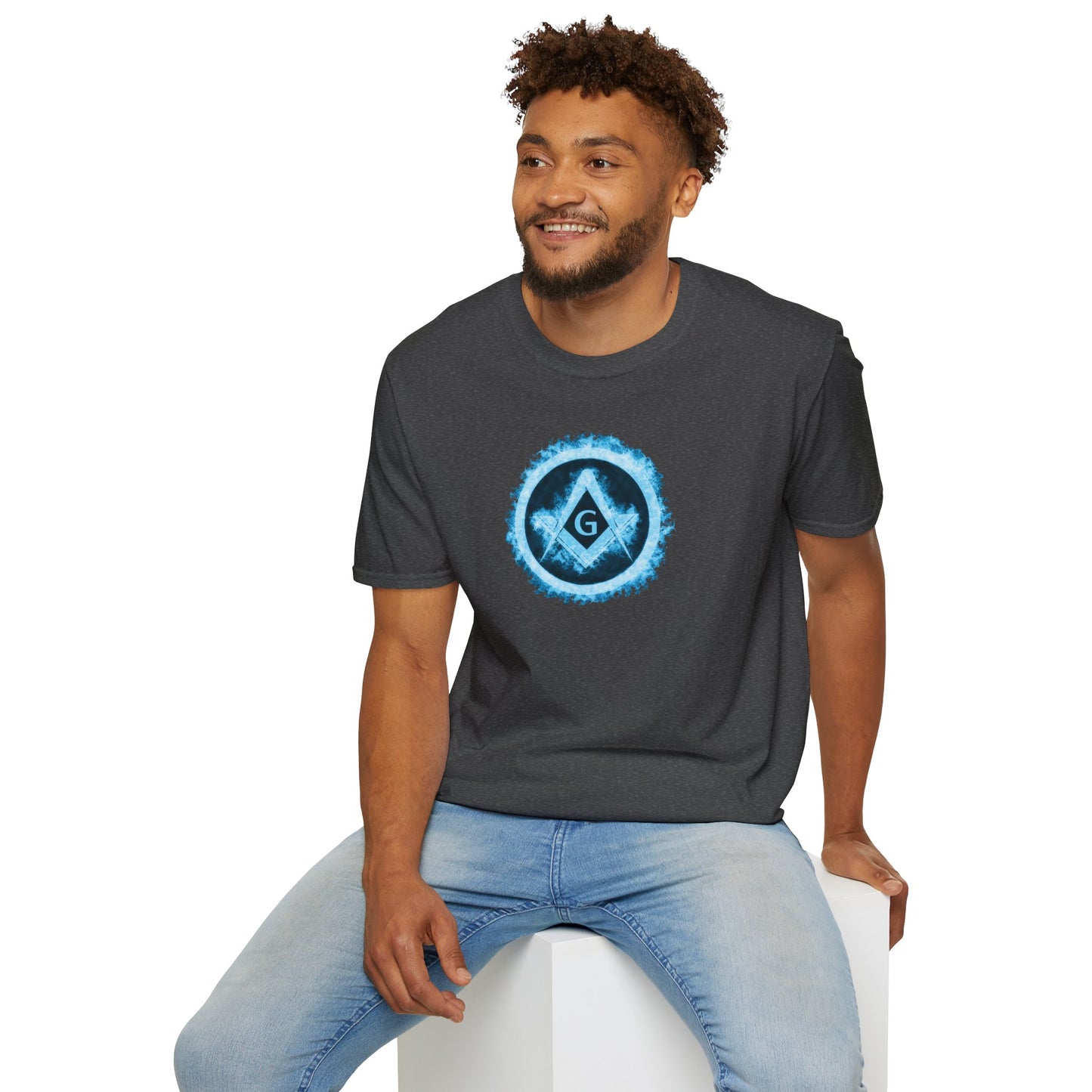 Square and Compass Encircled in Blue Flames Softstyle T-Shirt