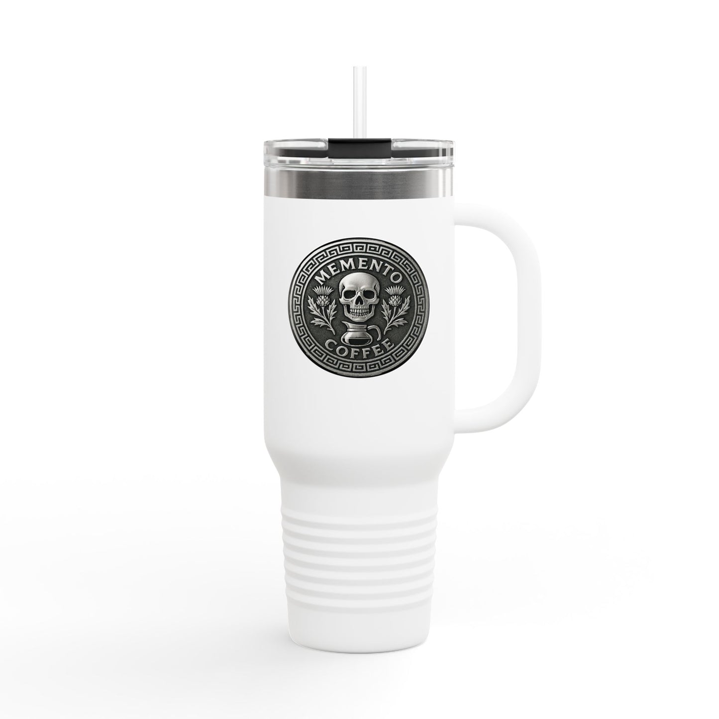 Two-Sided "Memento Coffee" Insulated Travel Tumbler (40oz) - Silver Emblem