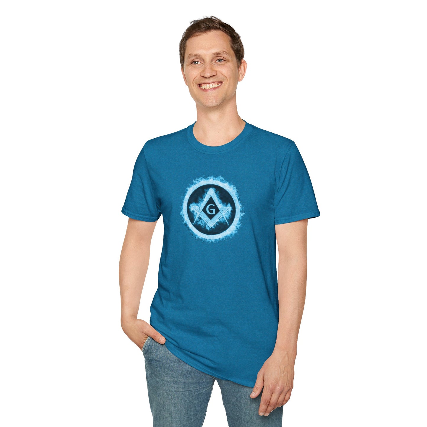 Square and Compass Encircled in Blue Flames Softstyle T-Shirt