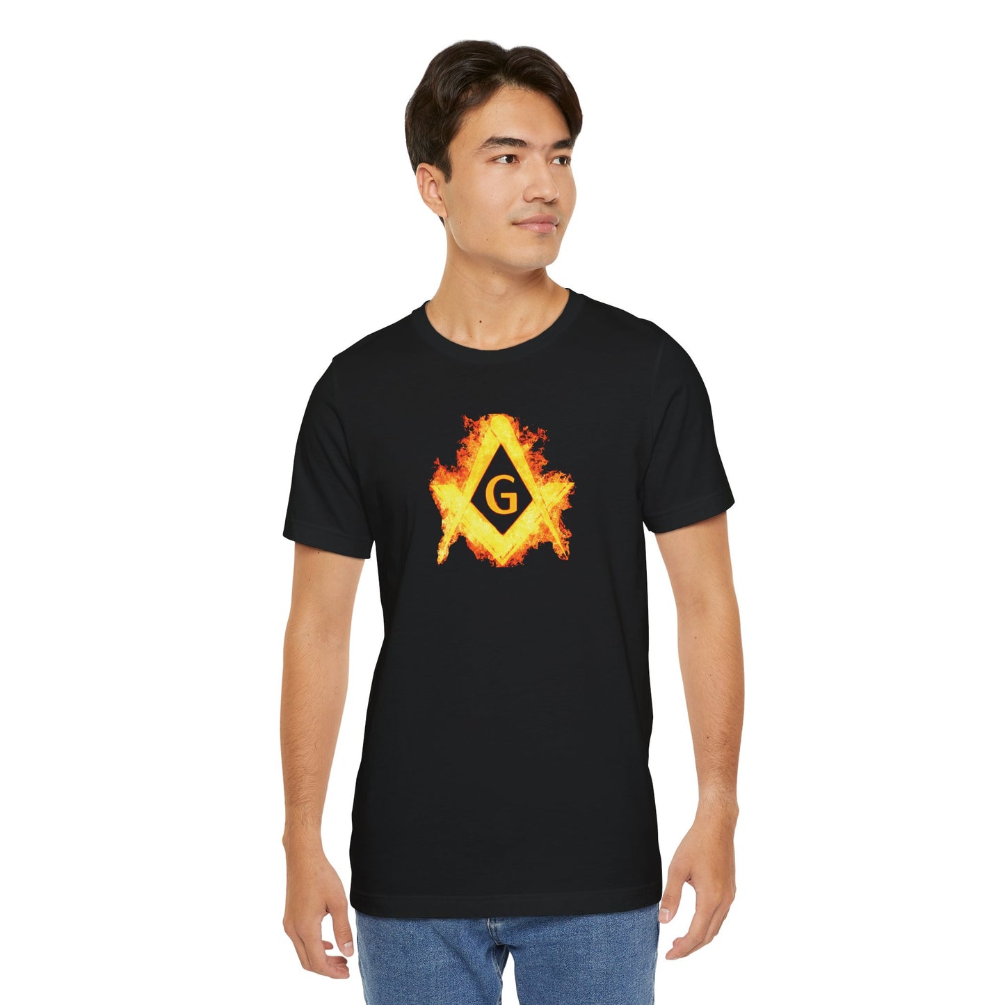 Flaming Square and Compass Short Sleeve T-Shirt - Orange Flames