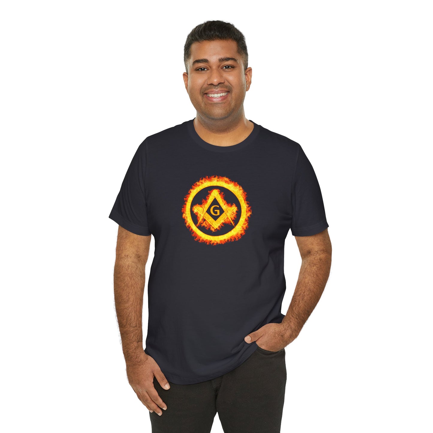 Square and Compass Encircled in Orange Flames Short Sleeve T-Shirt