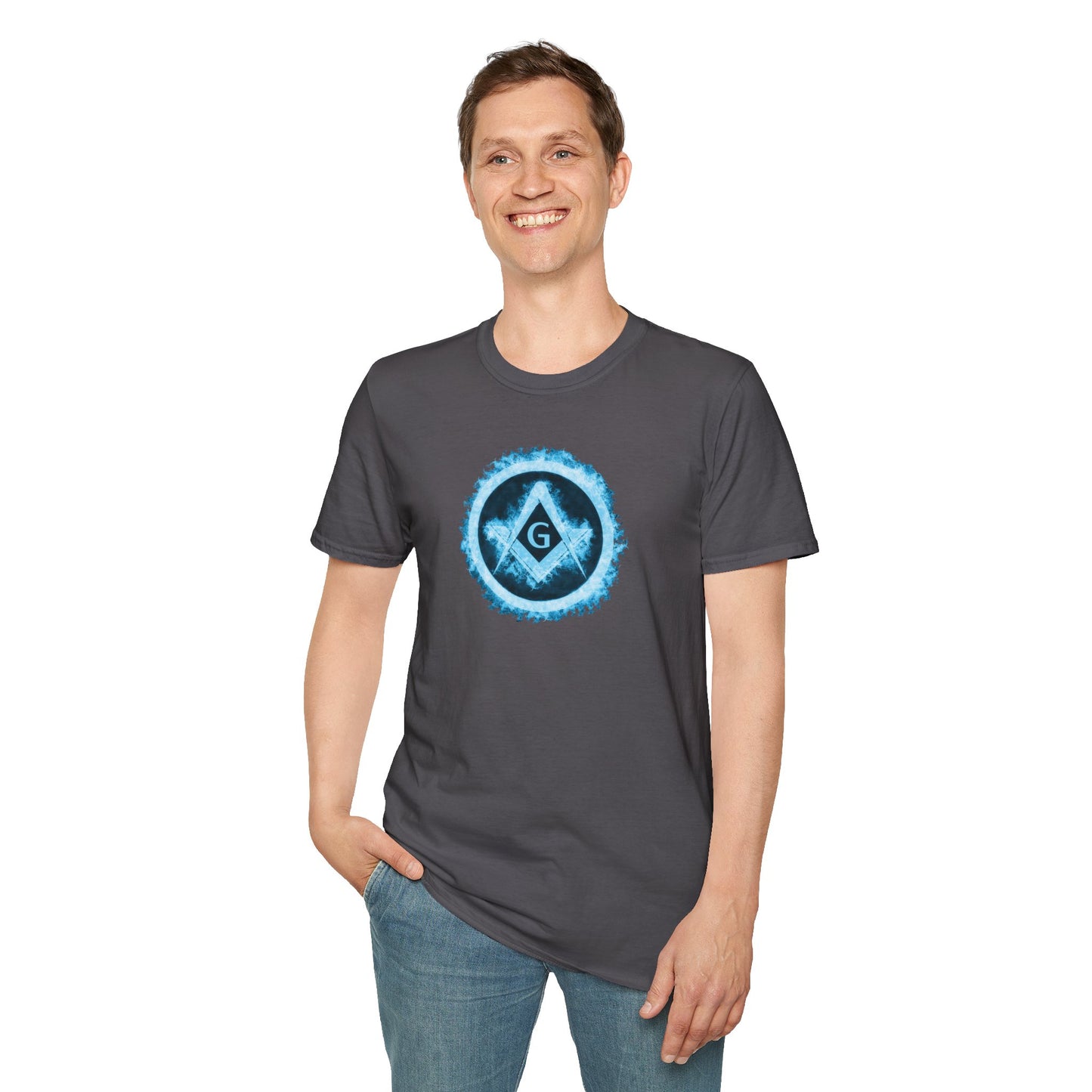 Square and Compass Encircled in Blue Flames Softstyle T-Shirt