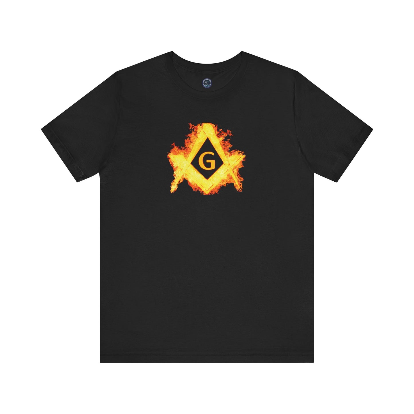 Flaming Square and Compass Short Sleeve T-Shirt - Orange Flames