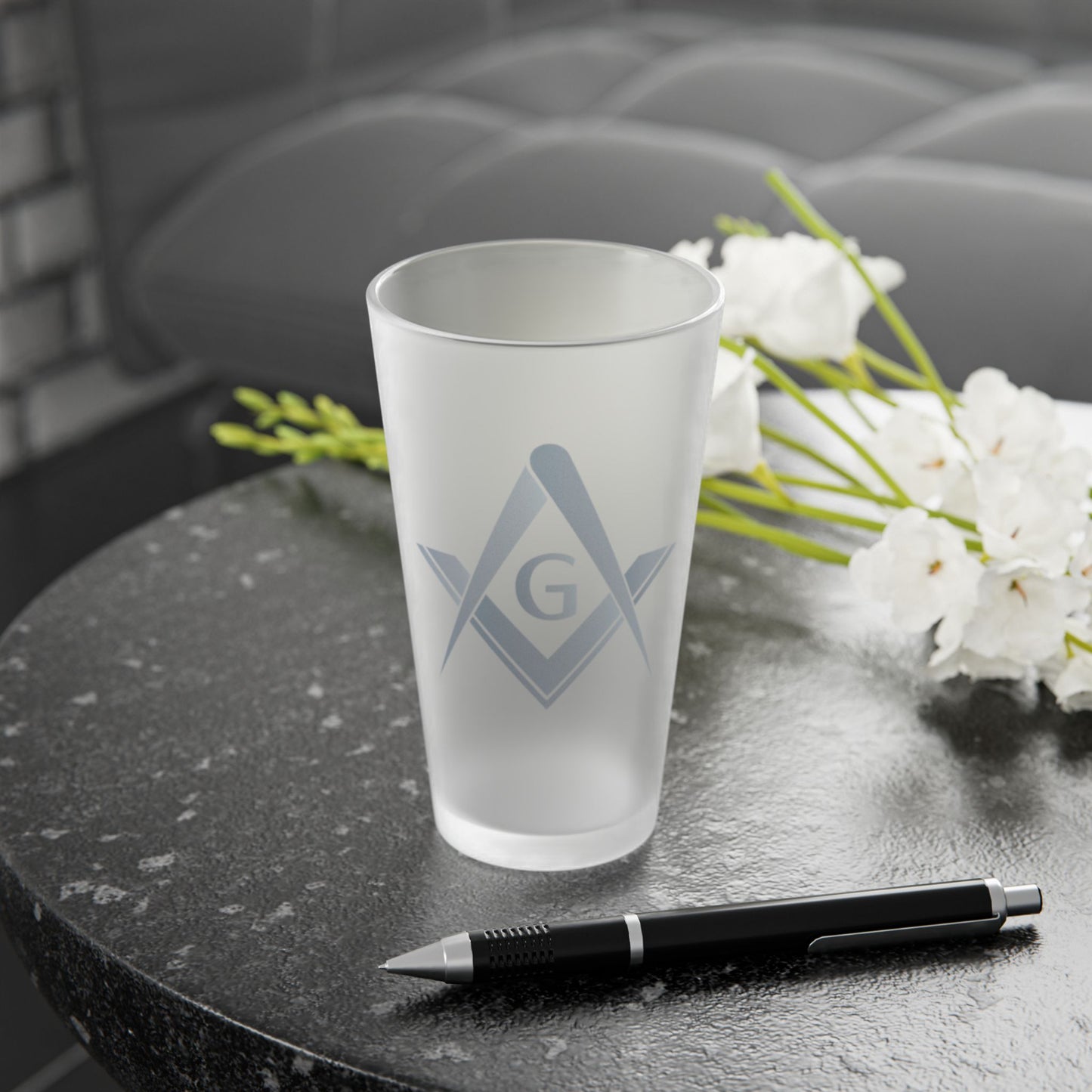 Simple Square and Compass Frosted Pint Glass (16oz) - Stone Gradients