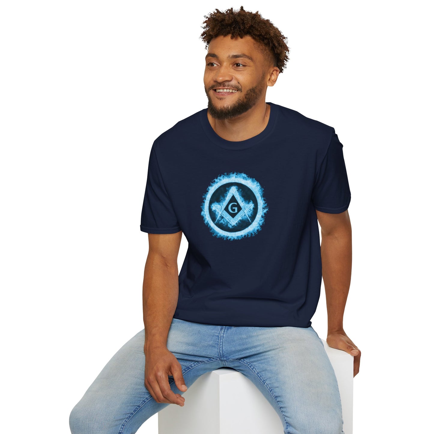 Square and Compass Encircled in Blue Flames Softstyle T-Shirt