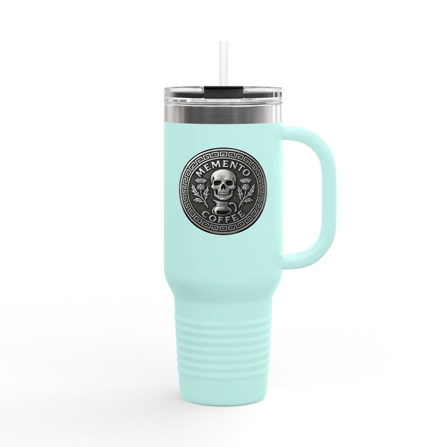 Two-Sided "Memento Coffee" Insulated Travel Tumbler (40oz) - Silver Emblem