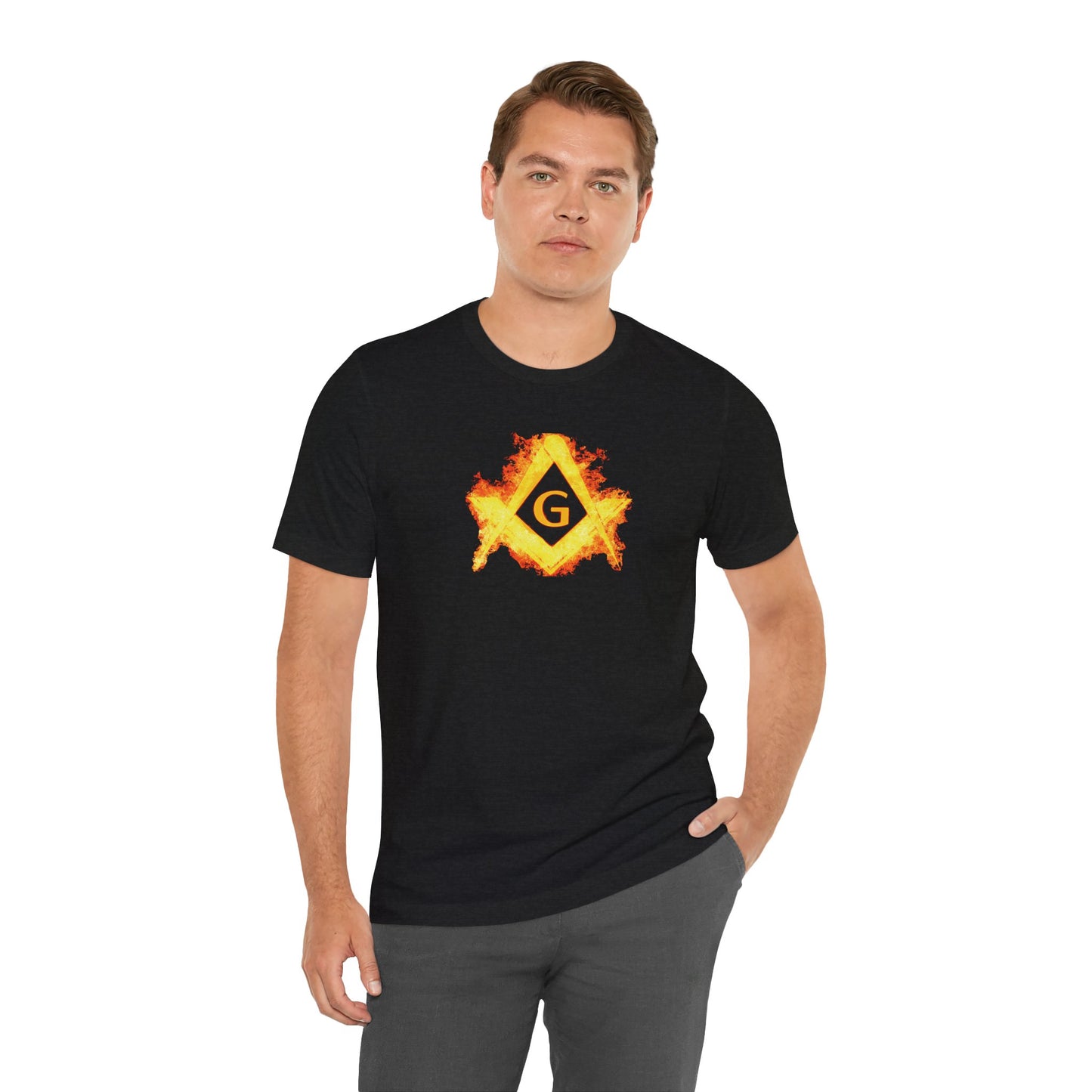 Flaming Square and Compass Short Sleeve T-Shirt - Orange Flames