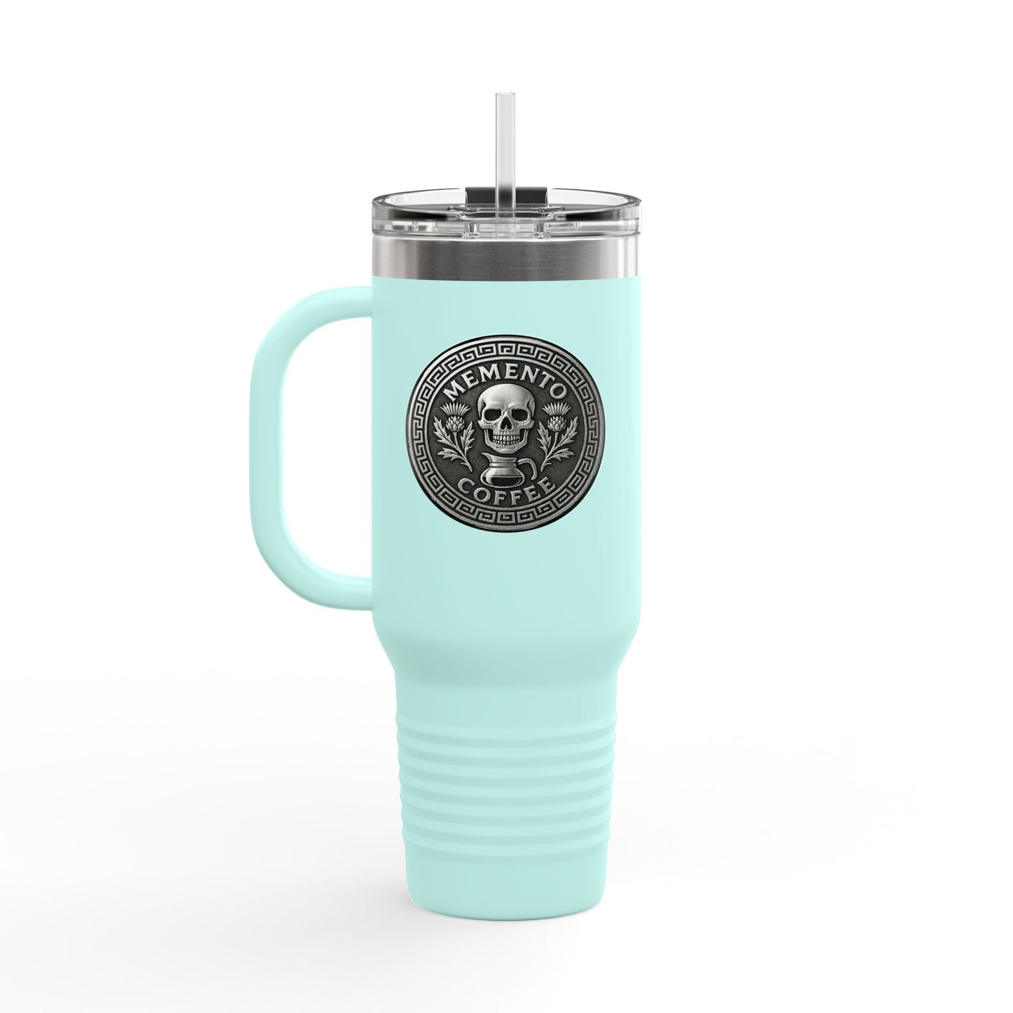 Two-Sided "Memento Coffee" Insulated Travel Tumbler (40oz) - Silver Emblem