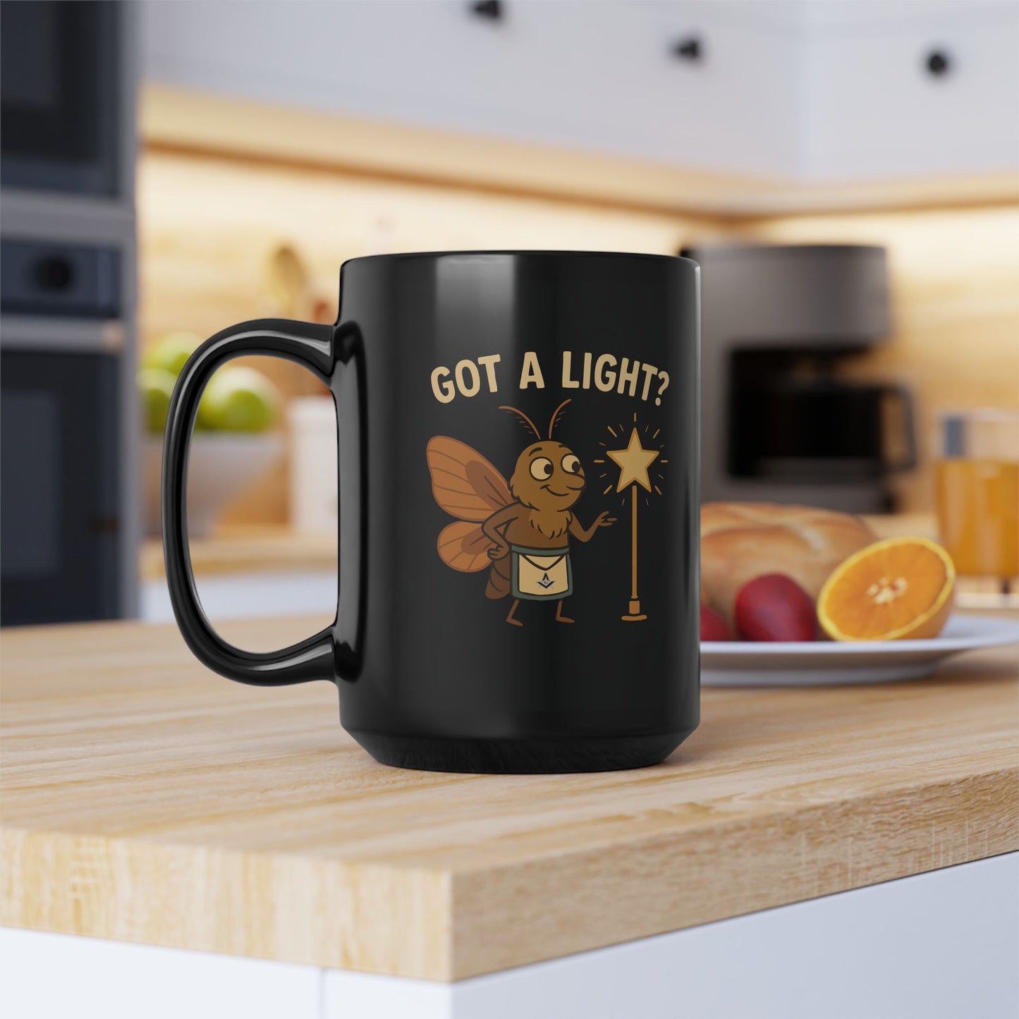 "Got A Light?" Moth Lighting Electric Star - Light Off and On - Black Coffee Mug (11oz, 15oz)