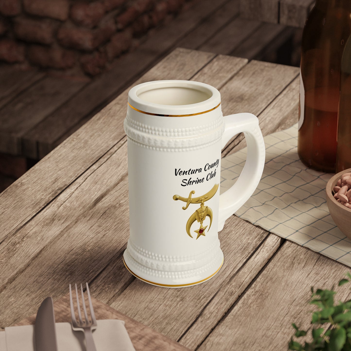 Shriner Personalized Beer Stein Mug - Jeweled Gold Emblem