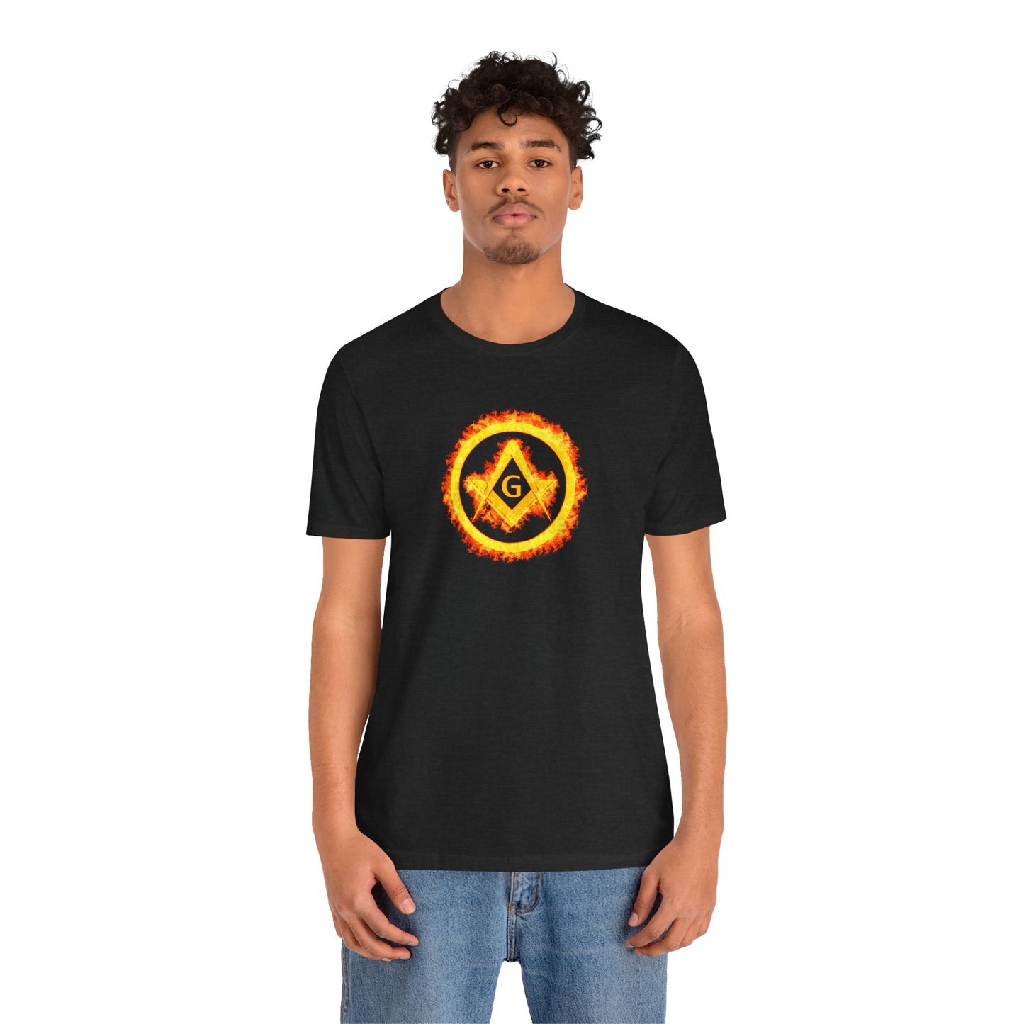 Square and Compass Encircled in Orange Flames Short Sleeve T-Shirt