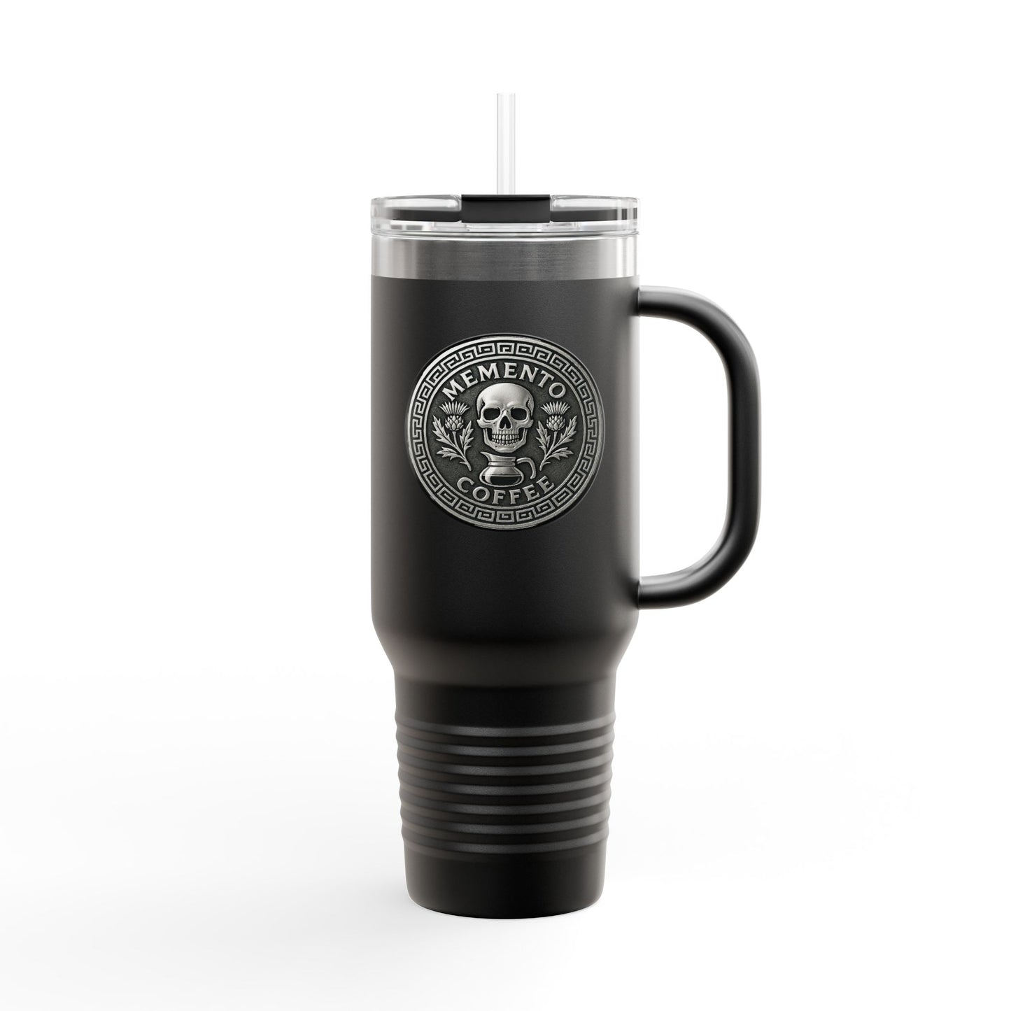 Two-Sided "Memento Coffee" Insulated Travel Tumbler (40oz) - Silver Emblem