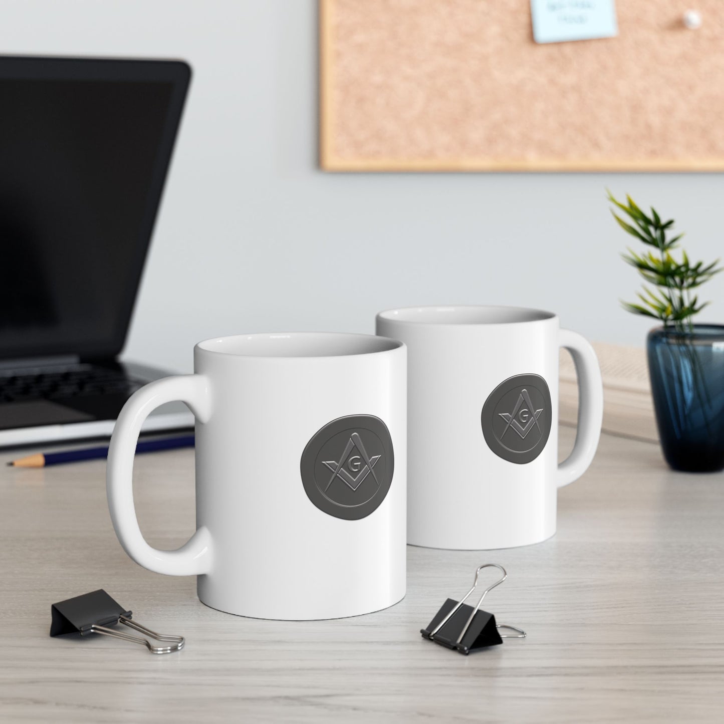 Two-Sided Simple Square and Compass Custom Wax Seal White Ceramic Coffee Mug (11oz, 15oz)