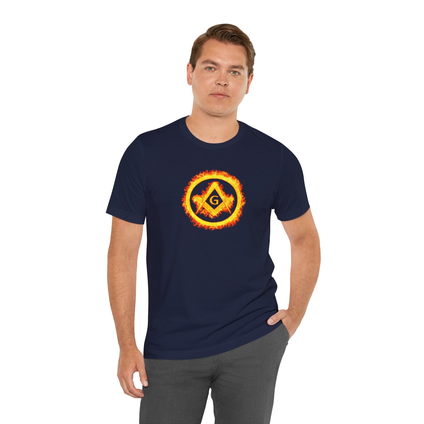Square and Compass Encircled in Orange Flames Short Sleeve T-Shirt