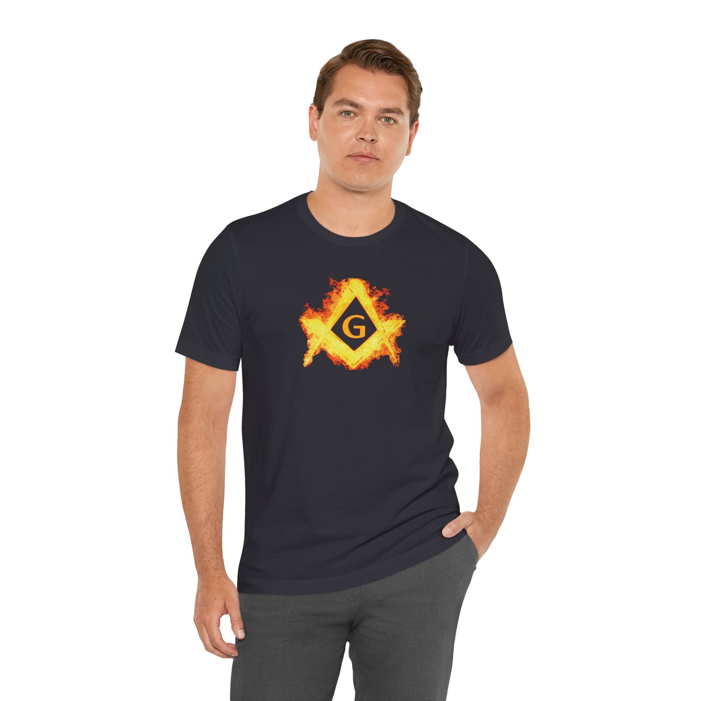 Flaming Square and Compass Short Sleeve T-Shirt - Orange Flames