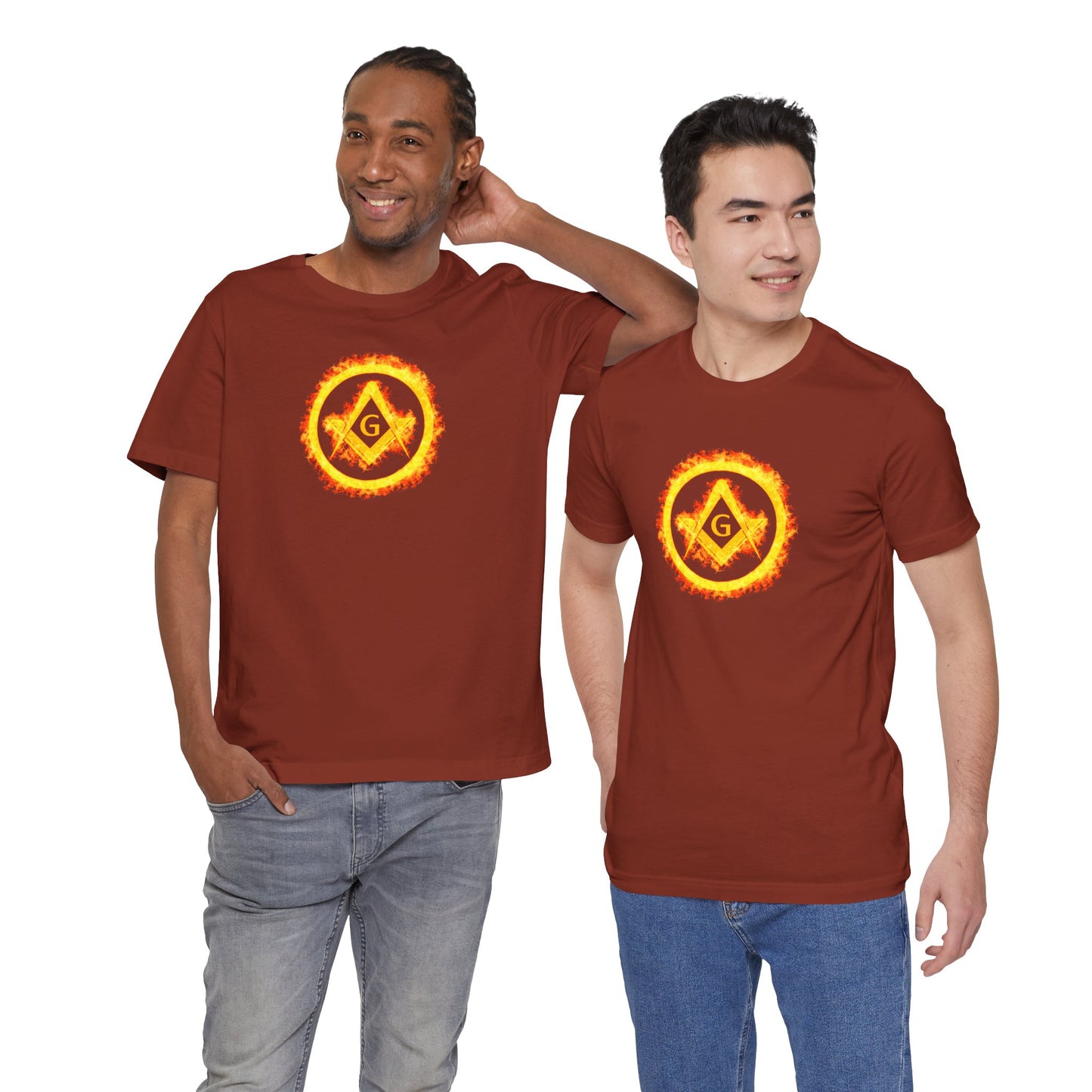 Square and Compass Encircled in Orange Flames Short Sleeve T-Shirt