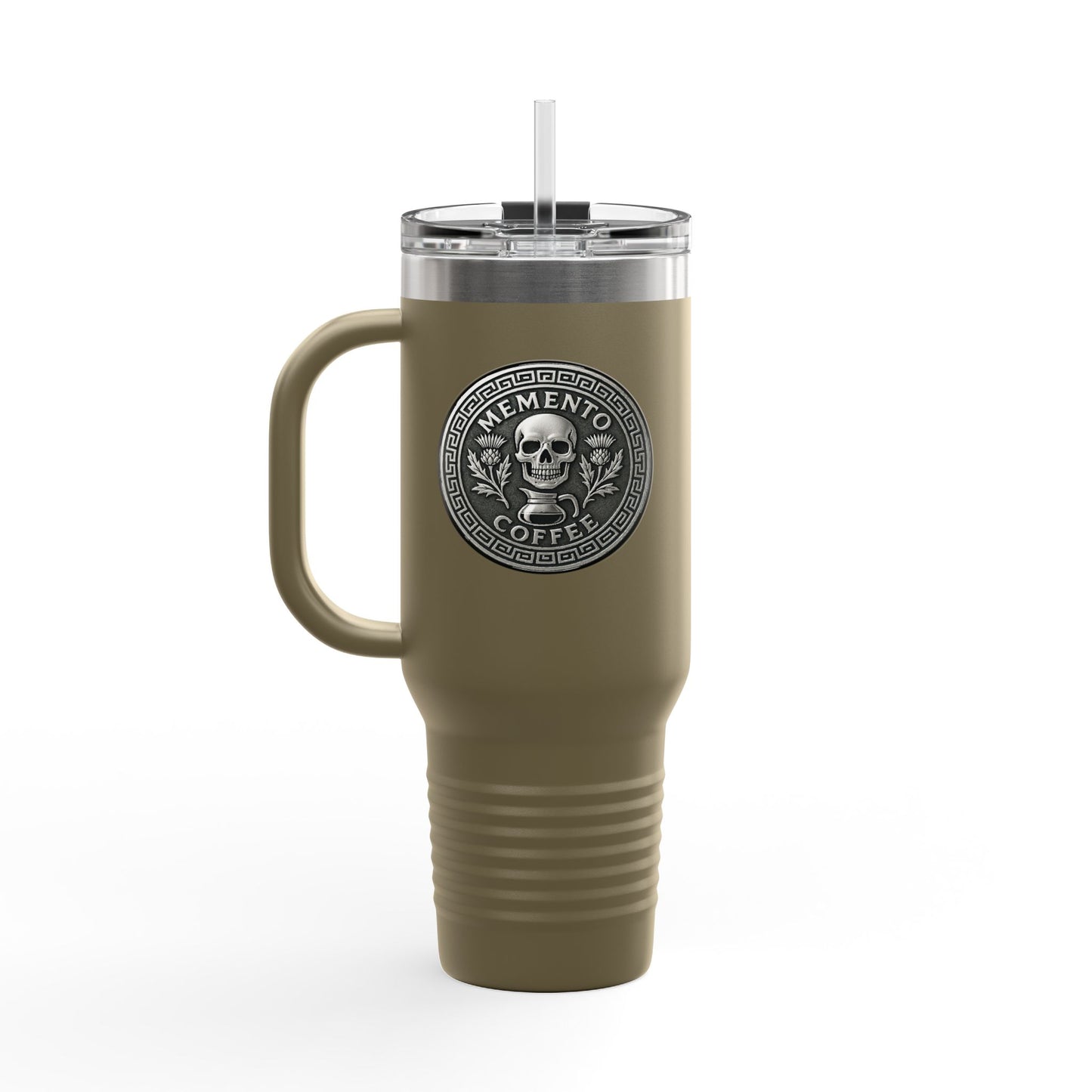 Two-Sided "Memento Coffee" Insulated Travel Tumbler (40oz) - Silver Emblem