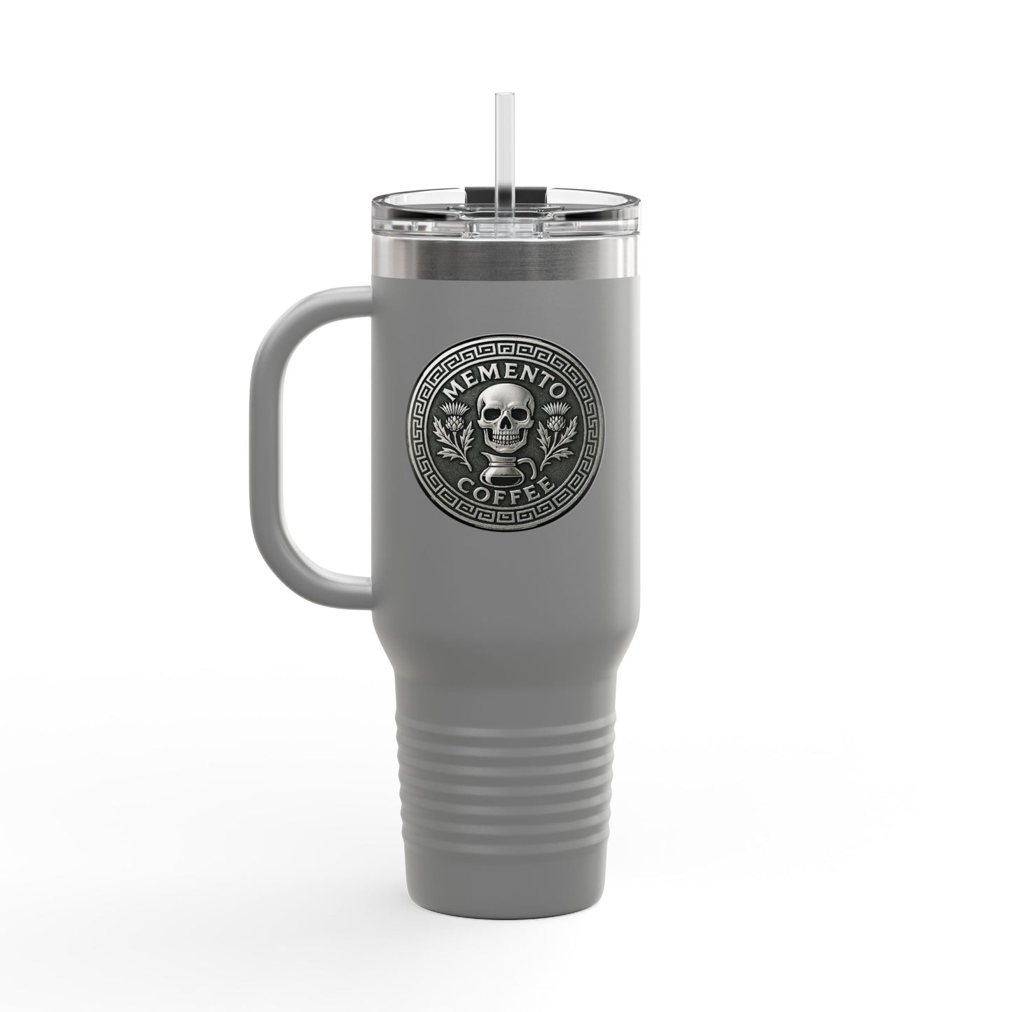 Two-Sided "Memento Coffee" Insulated Travel Tumbler (40oz) - Silver Emblem