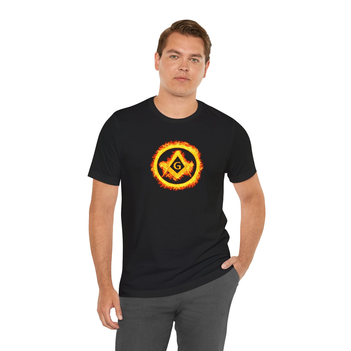 Square and Compass Encircled in Orange Flames Short Sleeve T-Shirt