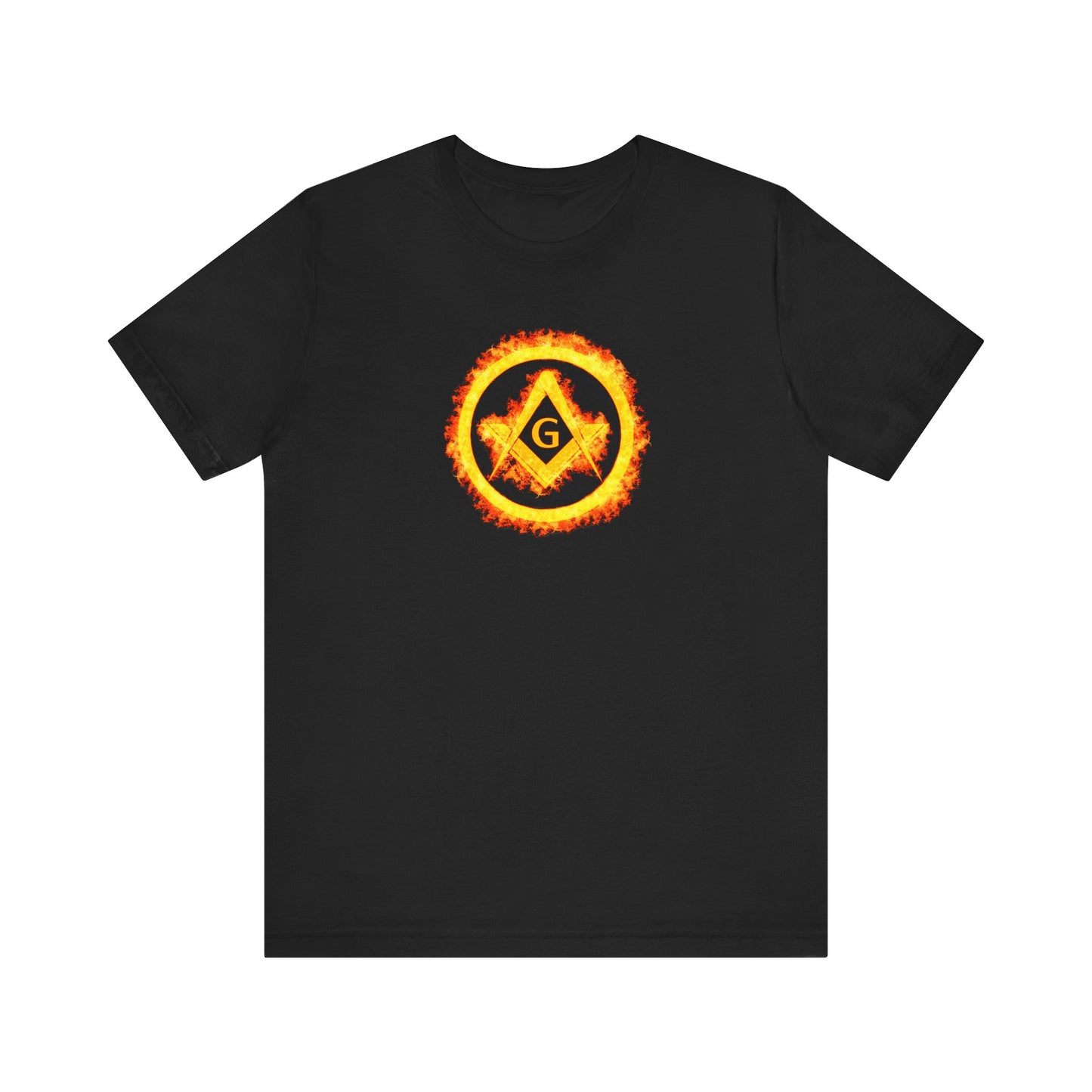 Square and Compass Encircled in Orange Flames Short Sleeve T-Shirt
