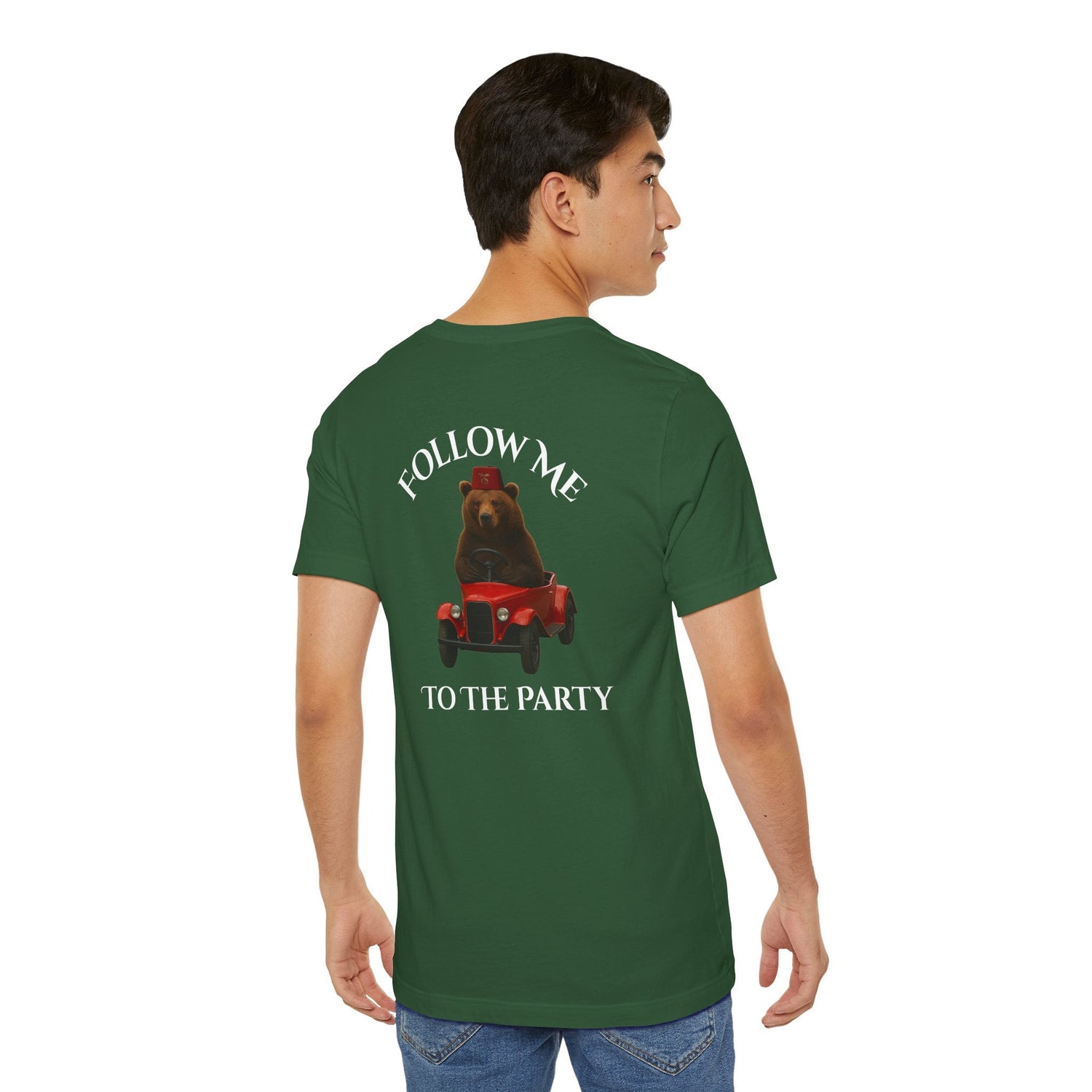 Printify Shriners "Follow Me to the Party" short sleeve T-shirt featuring colorful party-themed graphic on white fabric.