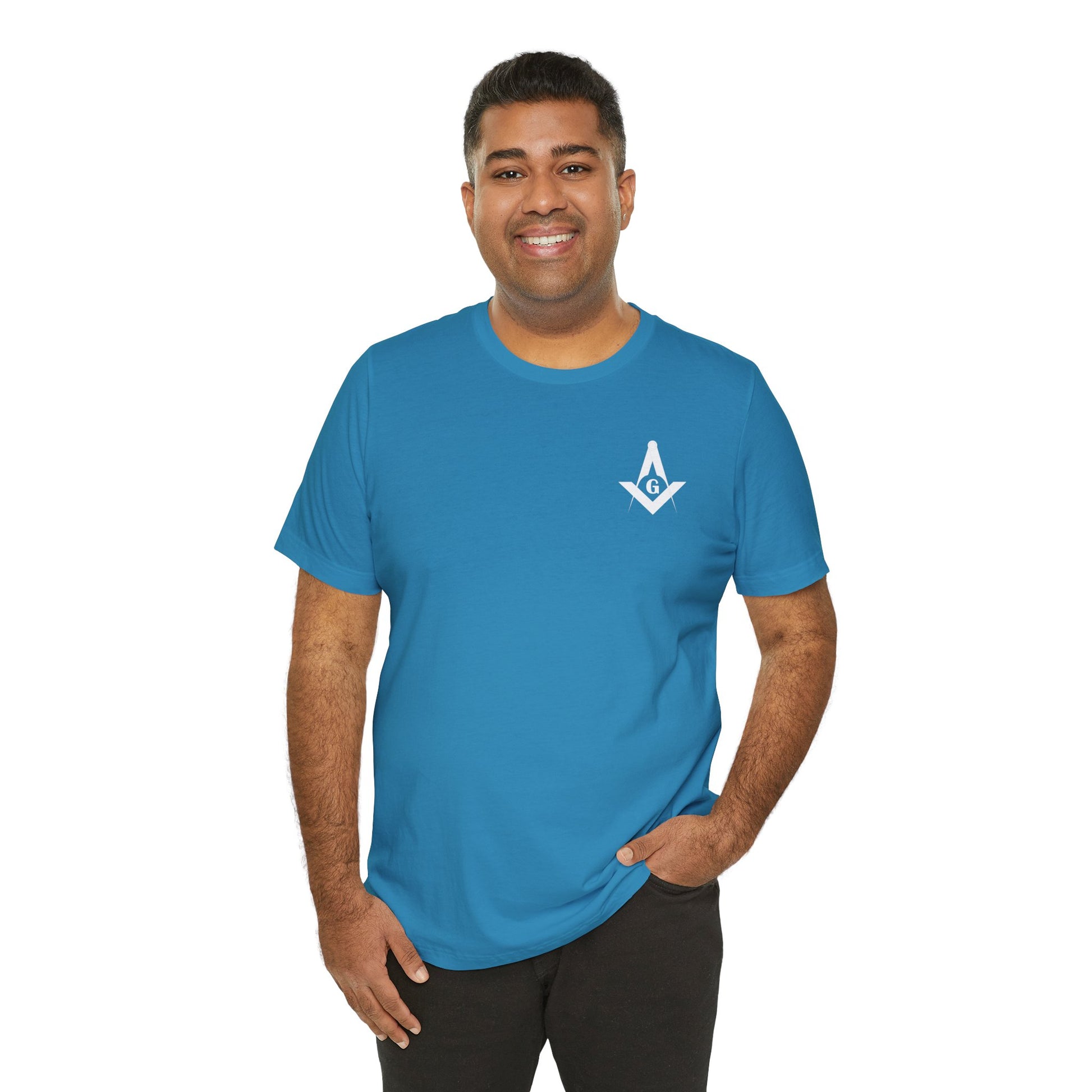 Fellowcraft T-Shirt with Channel Islands Lodge 214 logo in blues and greens, cotton fabric, casual fit, printed by Printify