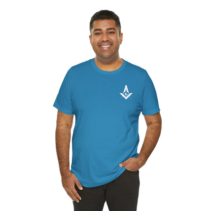 Fellowcraft T-Shirt with Channel Islands Lodge 214 logo in blues and greens, cotton fabric, casual fit, printed by Printify