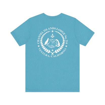 Blue and green Entered Apprentice T-Shirt from Channel Islands Lodge 214, featuring lodge emblem and detailed embroidery.