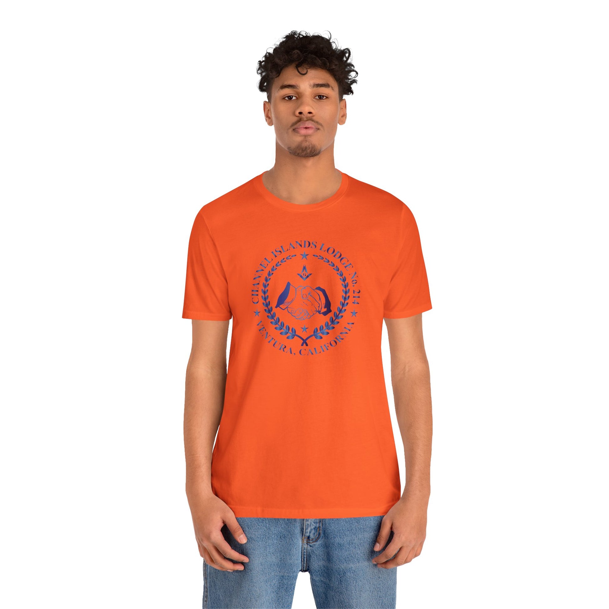 Printify Channel Islands Lodge 214 short sleeve T-shirt in sapphire gradient with logo design and casual fit.