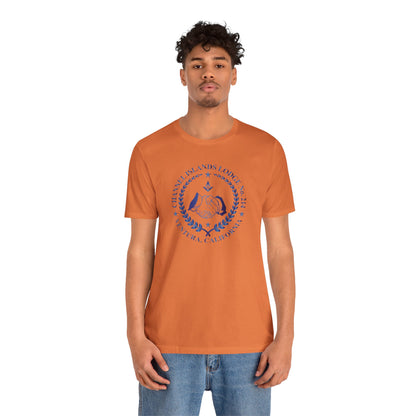 Channel Islands Lodge 214 short sleeve T-shirt in sapphire gradient with printed design, made by Printify.