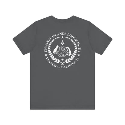 Fellowcraft T-Shirt from Channel Islands Lodge 214 in dark colors, custom printed by Printify, featuring lodge logo and design.