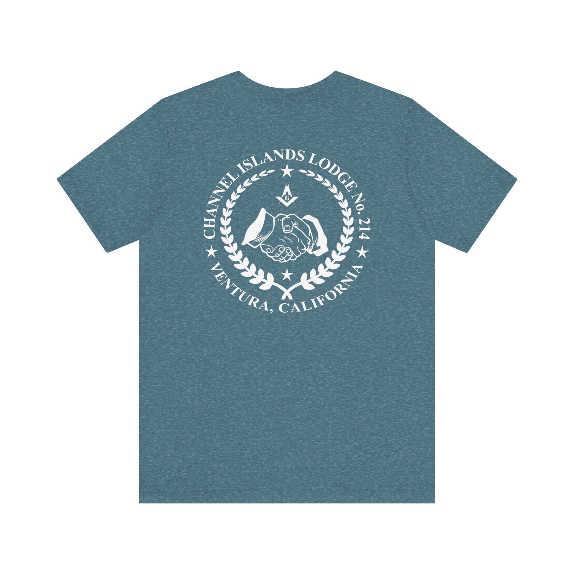 Blue and green Entered Apprentice T-shirt from Channel Islands Lodge 214, featuring lodge emblem and detailed design.