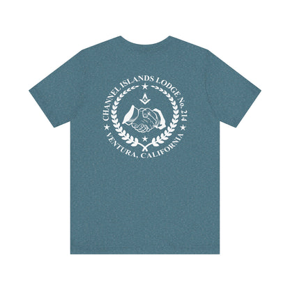 Blue and green Entered Apprentice T-shirt from Channel Islands Lodge 214, featuring lodge emblem and detailed design.