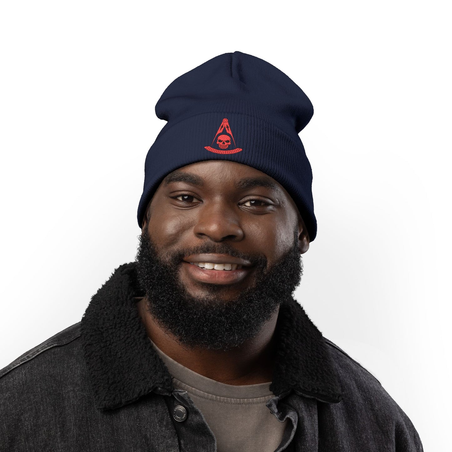 Past Master with Skull Embroidered Knit Beanie – Compass & Quadrant (Red)