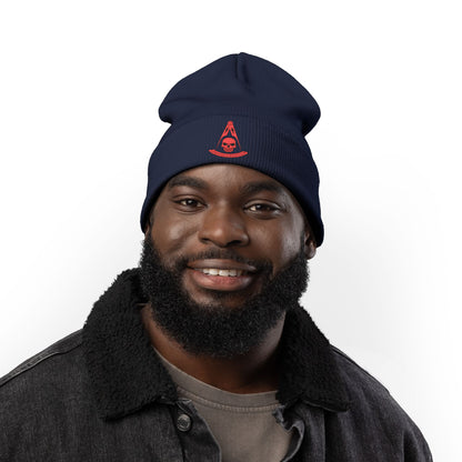 Past Master with Skull Embroidered Knit Beanie – Compass & Quadrant (Red)
