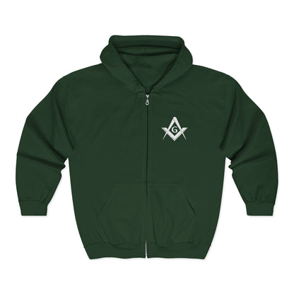 Embroidered Full Zip Hooded Sweatshirt - Square & Compass (White)